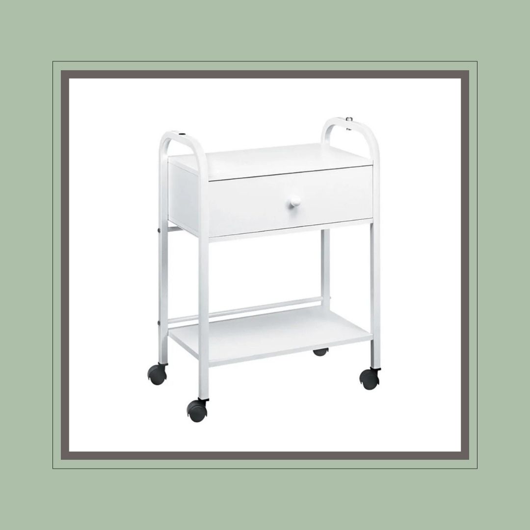 rolling white esthetician cart with one drawer and one shelf