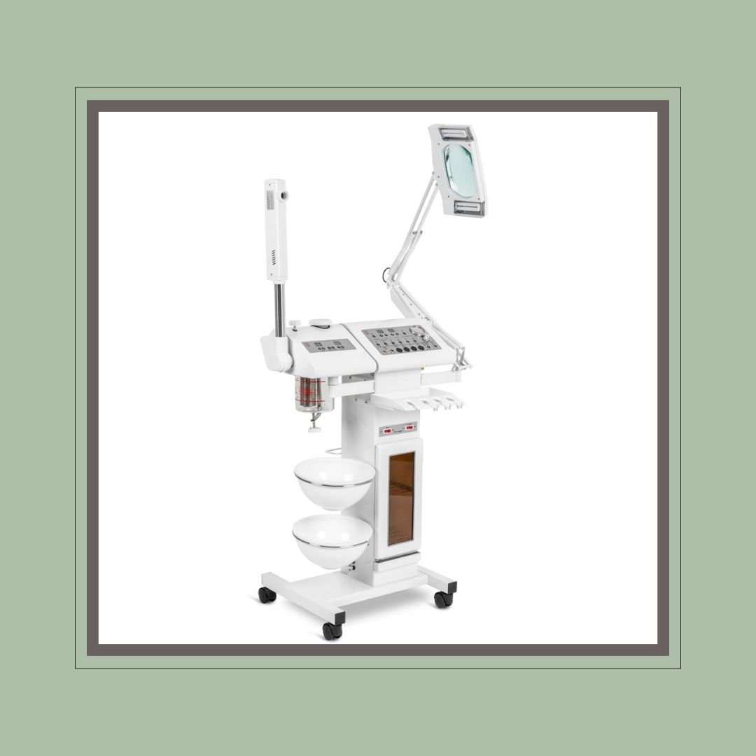 professional spa facial machine with wheeled base and built-in storage