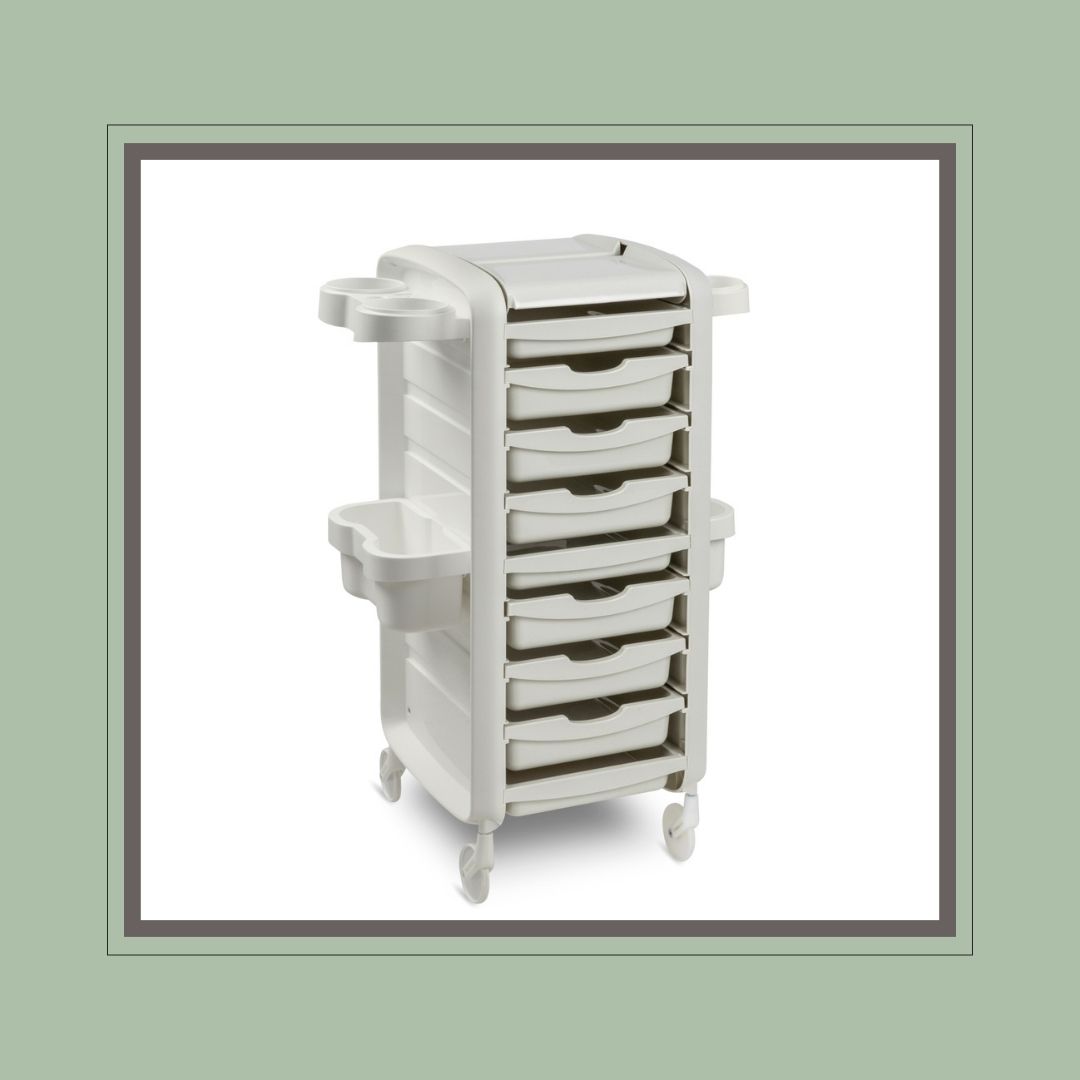 eco-friendly mobile spa trolley in white with 6 drawers made from recycled plastic