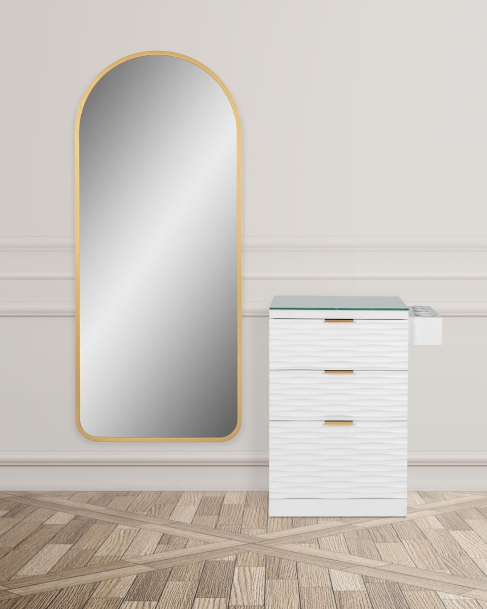 gold salon mirror and white art deco stylist station