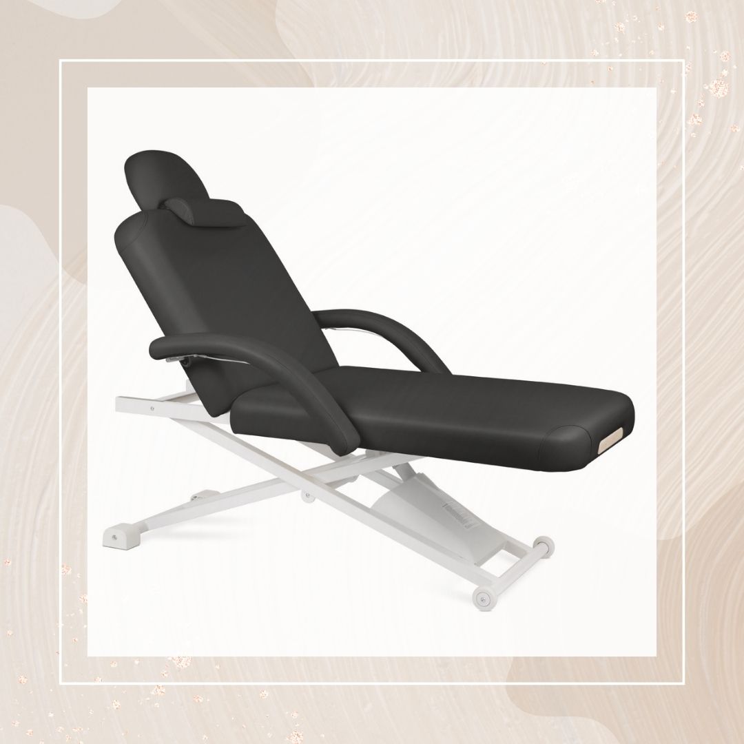 electric esthetician bed with wheeled base and foot controller