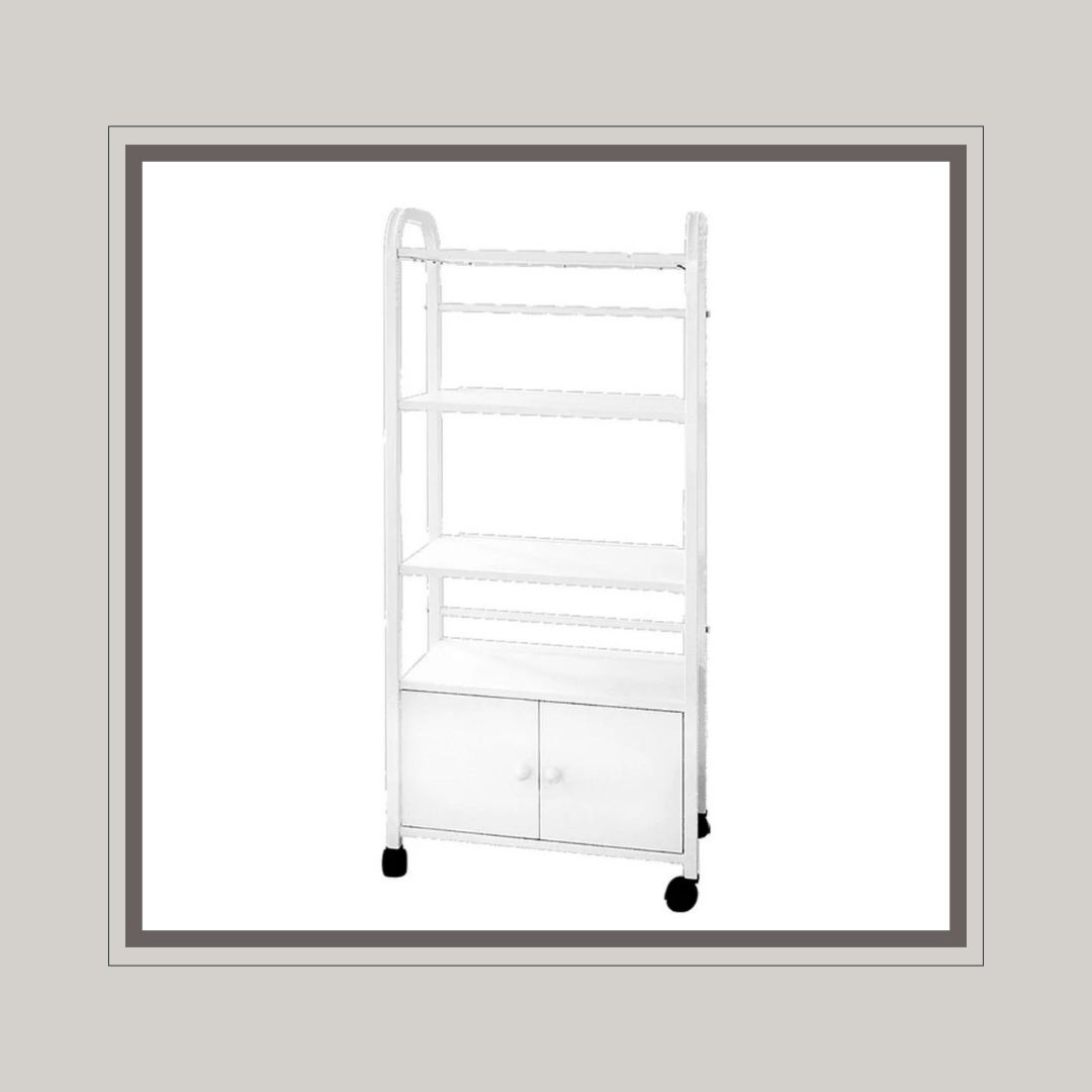 tall spa storage cart with four shelves, bottom cabinet and wheels