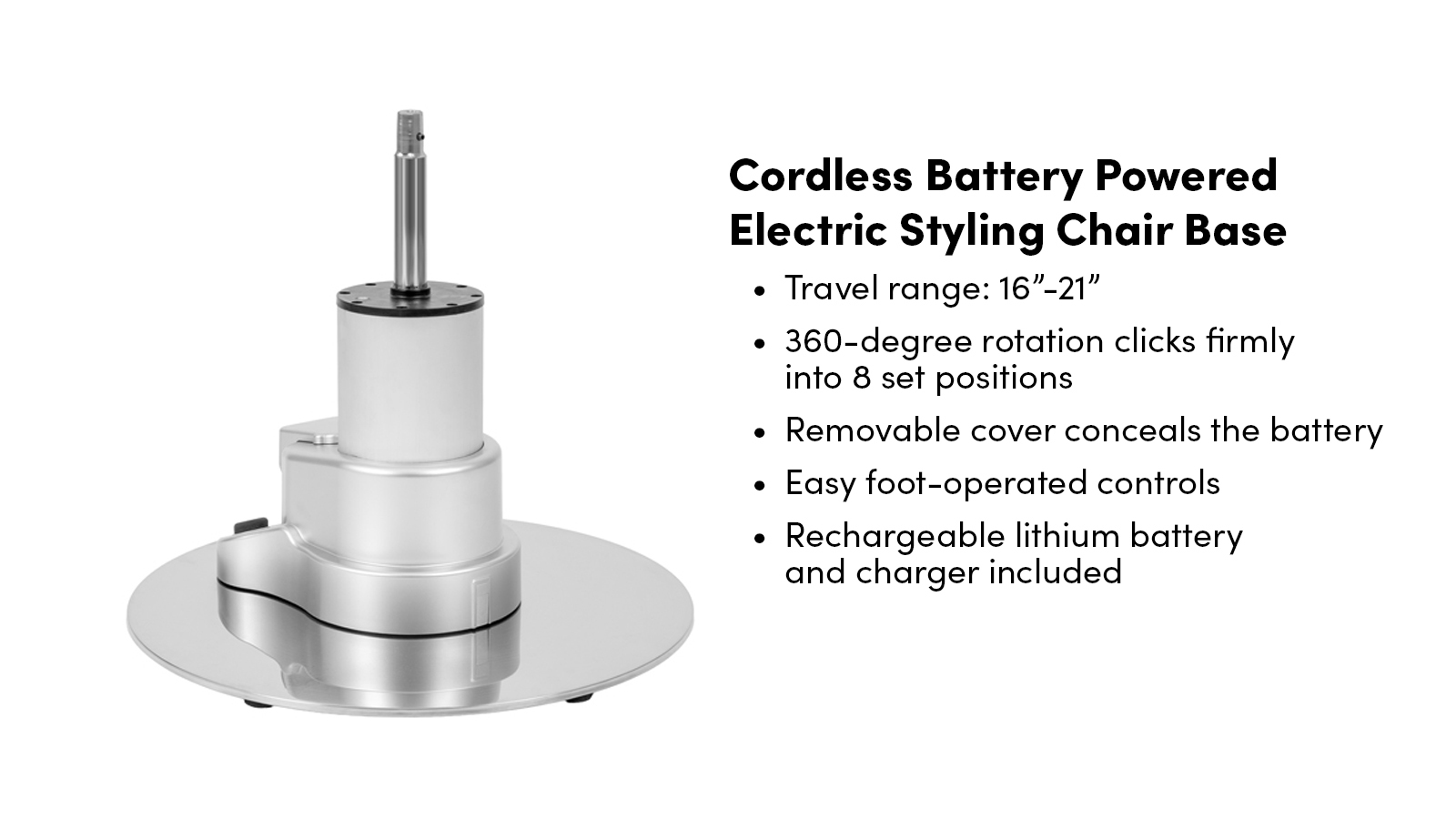 Silver Cordless Battery Powered Salon Chair Base with Informational Bullets
