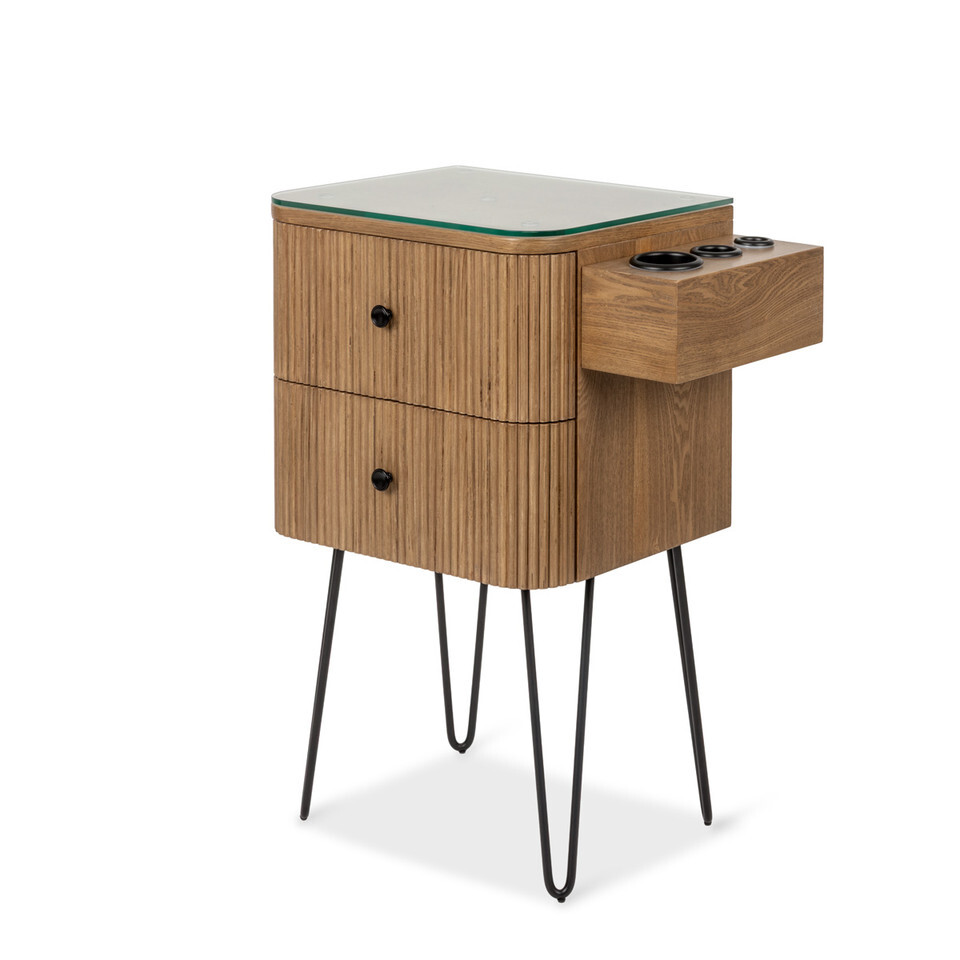 wooden styling station with hairpin legs